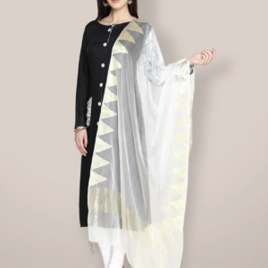 White Organza Banarasi Dupatta with Woven Zari Temple Border