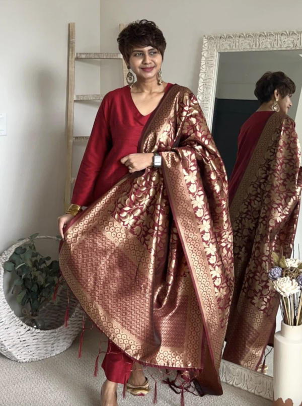 Maroon Banarasi Silk Dupatta with Floral Weaving
