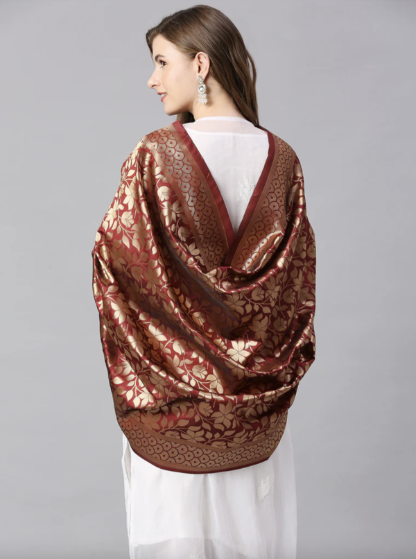 Maroon Banarasi Silk Dupatta with Floral Weaving - Image 2