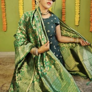 Green Banarasi Silk Dupatta with Floral Weaving