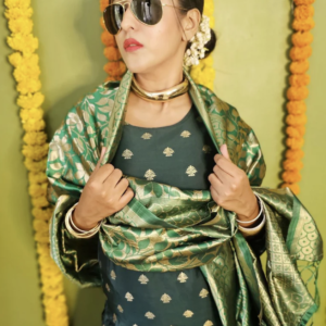 Green Banarasi Silk Dupatta with Floral Weaving