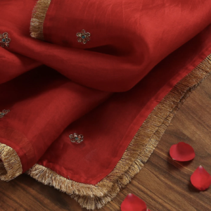 Red Handloom Organza Dupatta With Hand Embroidery