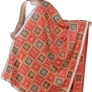 Red Punjabi Phulkari Dupatta with Embroidery and Floral Pattern