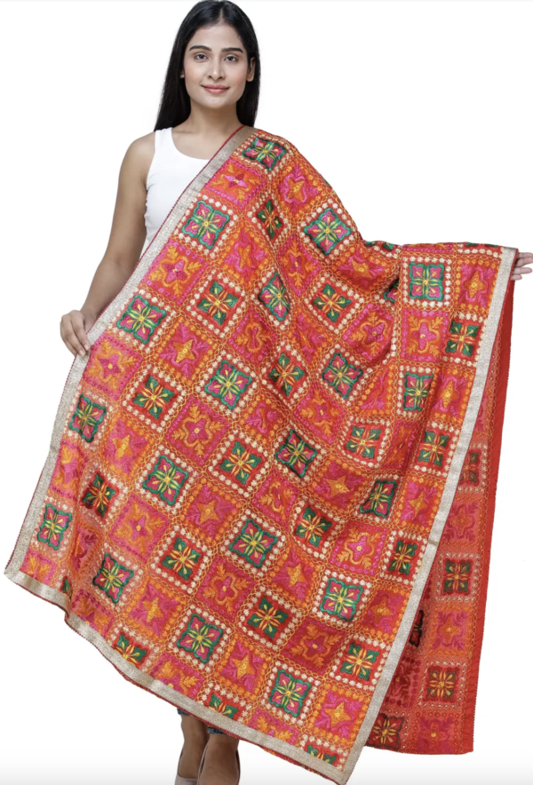 Red Punjabi Phulkari Dupatta with Embroidery and Floral Pattern