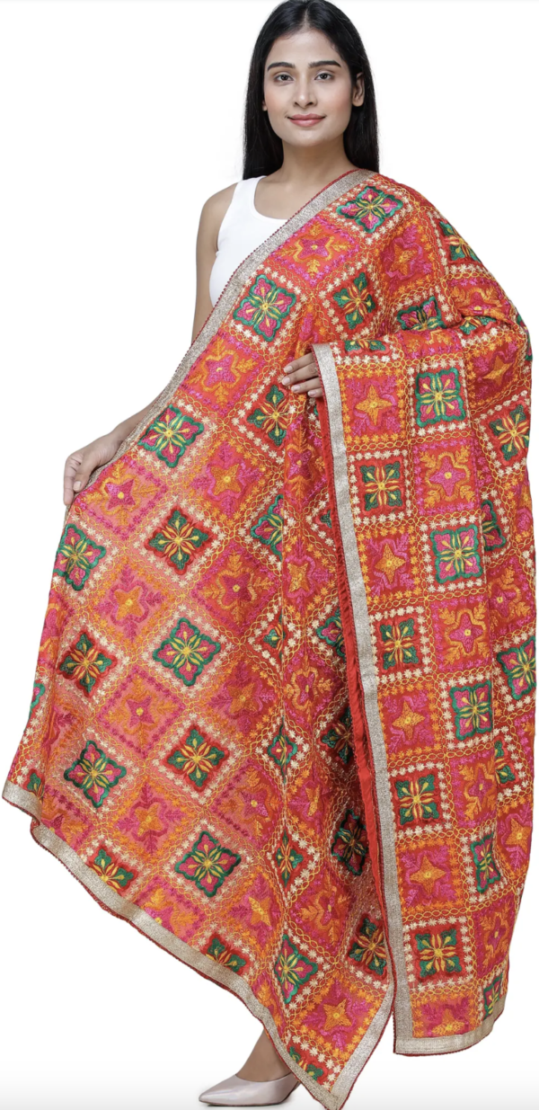 Red Punjabi Phulkari Dupatta with Embroidery and Floral Pattern - Image 2