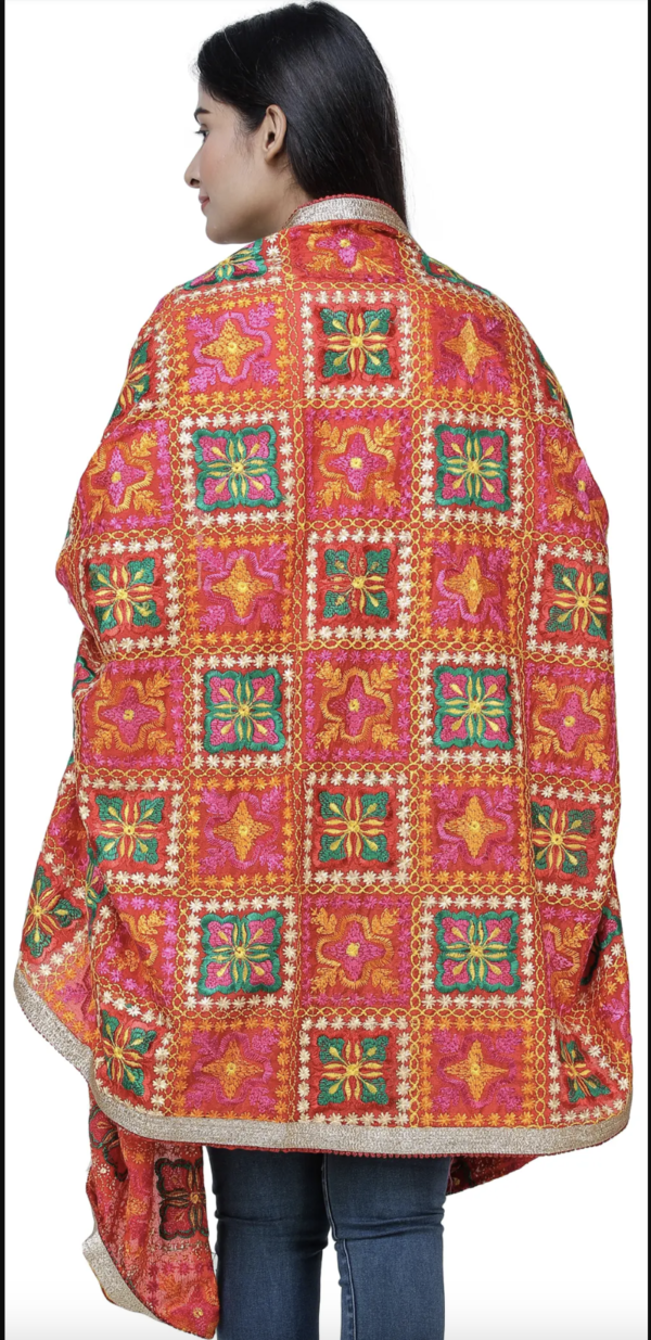 Red Punjabi Phulkari Dupatta with Embroidery and Floral Pattern - Image 3