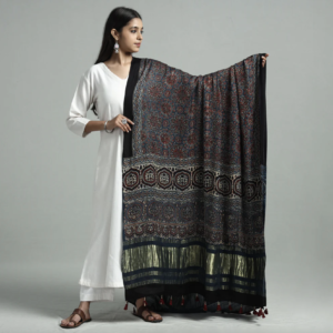 Ajrakh Silk Dupatta with Zari Border