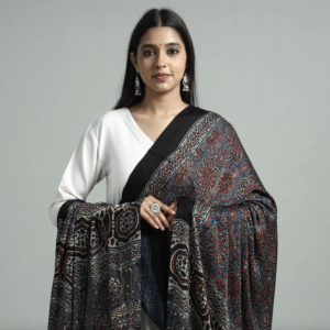 Ajrakh Silk Dupatta with Zari Border