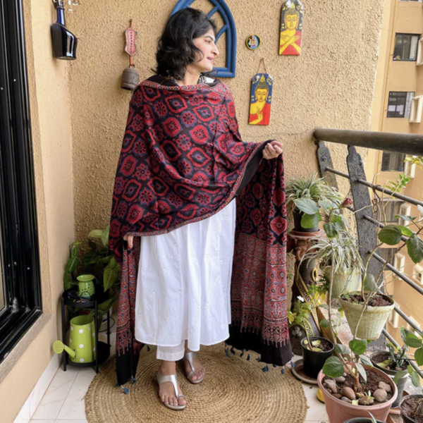Ajrakh Block Printed Silk Dupatta - Image 3