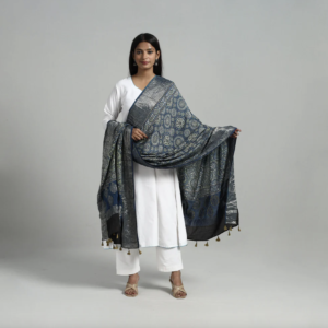 Dola Silk Block Print Ajrakh Dupatta