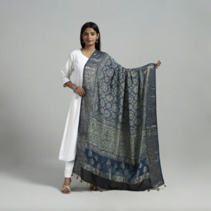 Dola Silk Block Print Ajrakh Dupatta