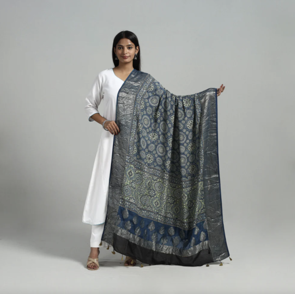 Dola Silk Block Print Ajrakh Dupatta - Image 2