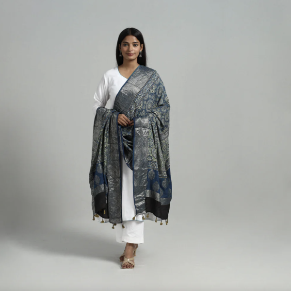 Dola Silk Block Print Ajrakh Dupatta - Image 3