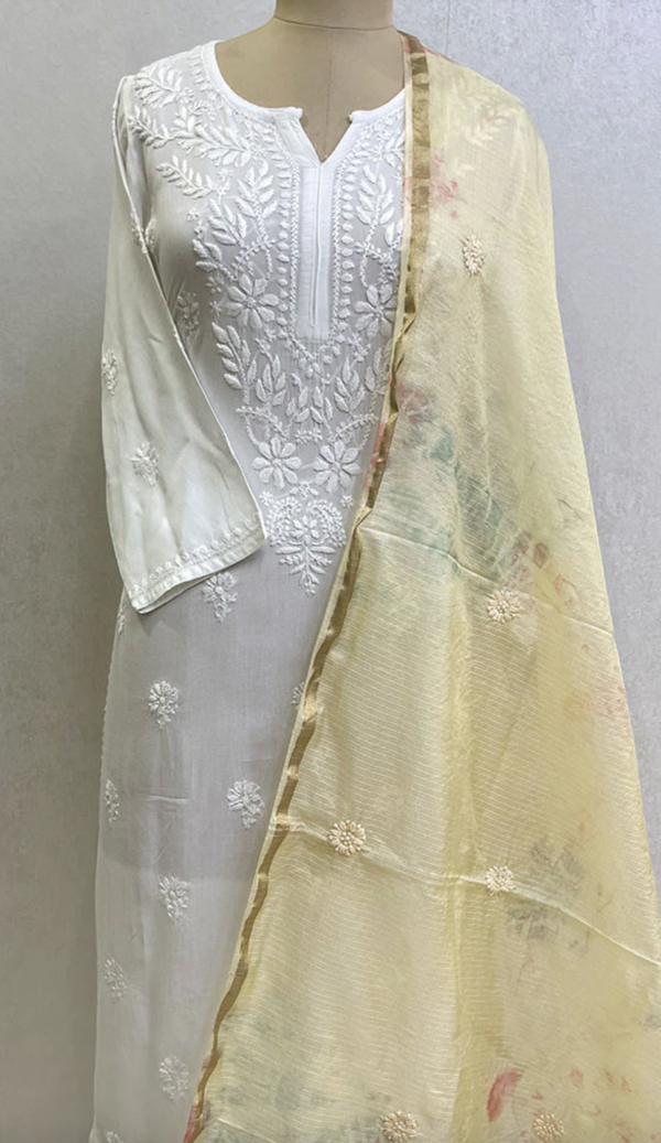 Women's Lucknowi Handcrafted Chikankari Kota Chanderi Dupatta - Image 2